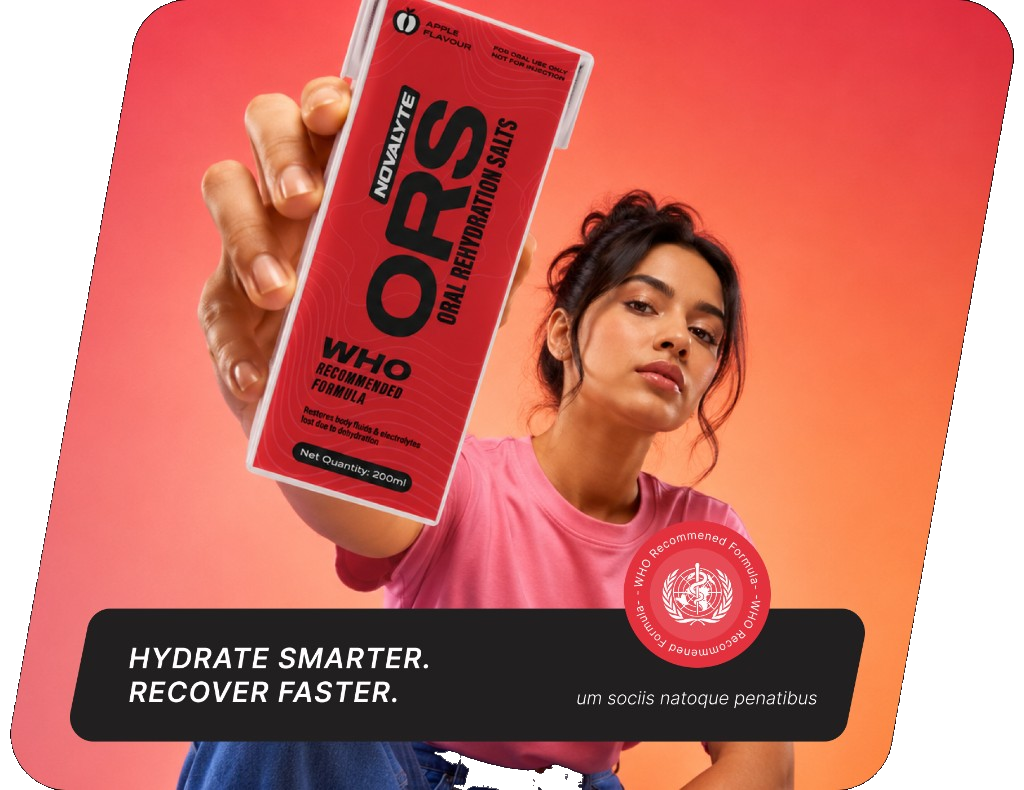 Woman holding a Novalyte ORS tetra pack